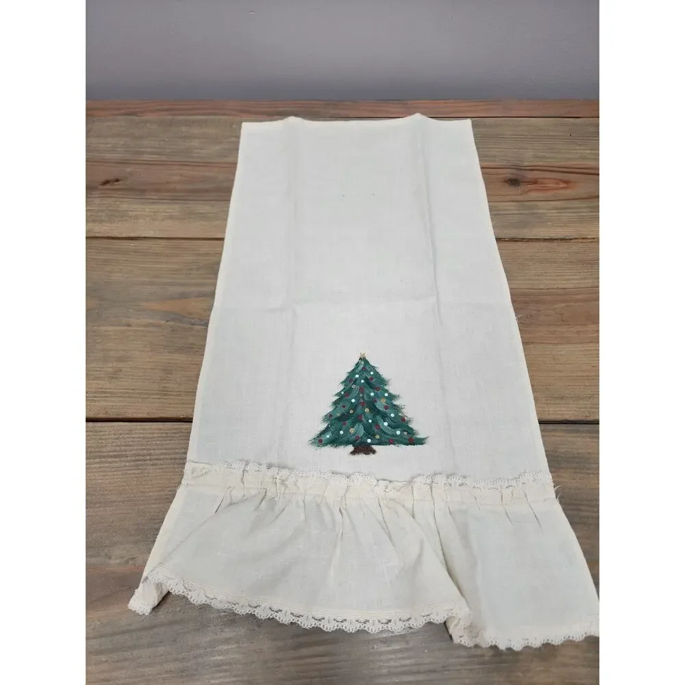 Linen Hand Painted Ruffle Christmas Tree Hand towel